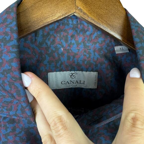 Canali Mens Red and Blue Camouflage Pattern Long Sleeve Button Up Dress Shirt - Picture 7 of 7